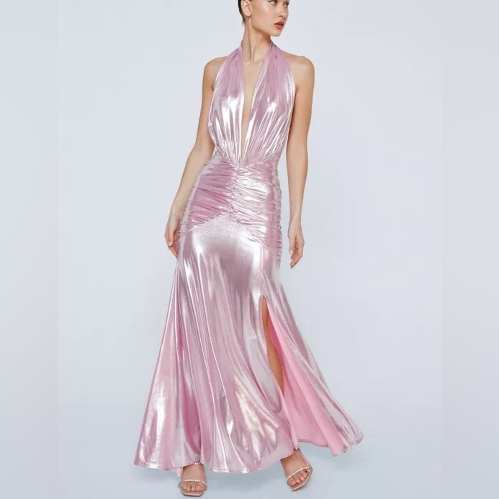 Metallic Lame Halter Neck Ruched Dress